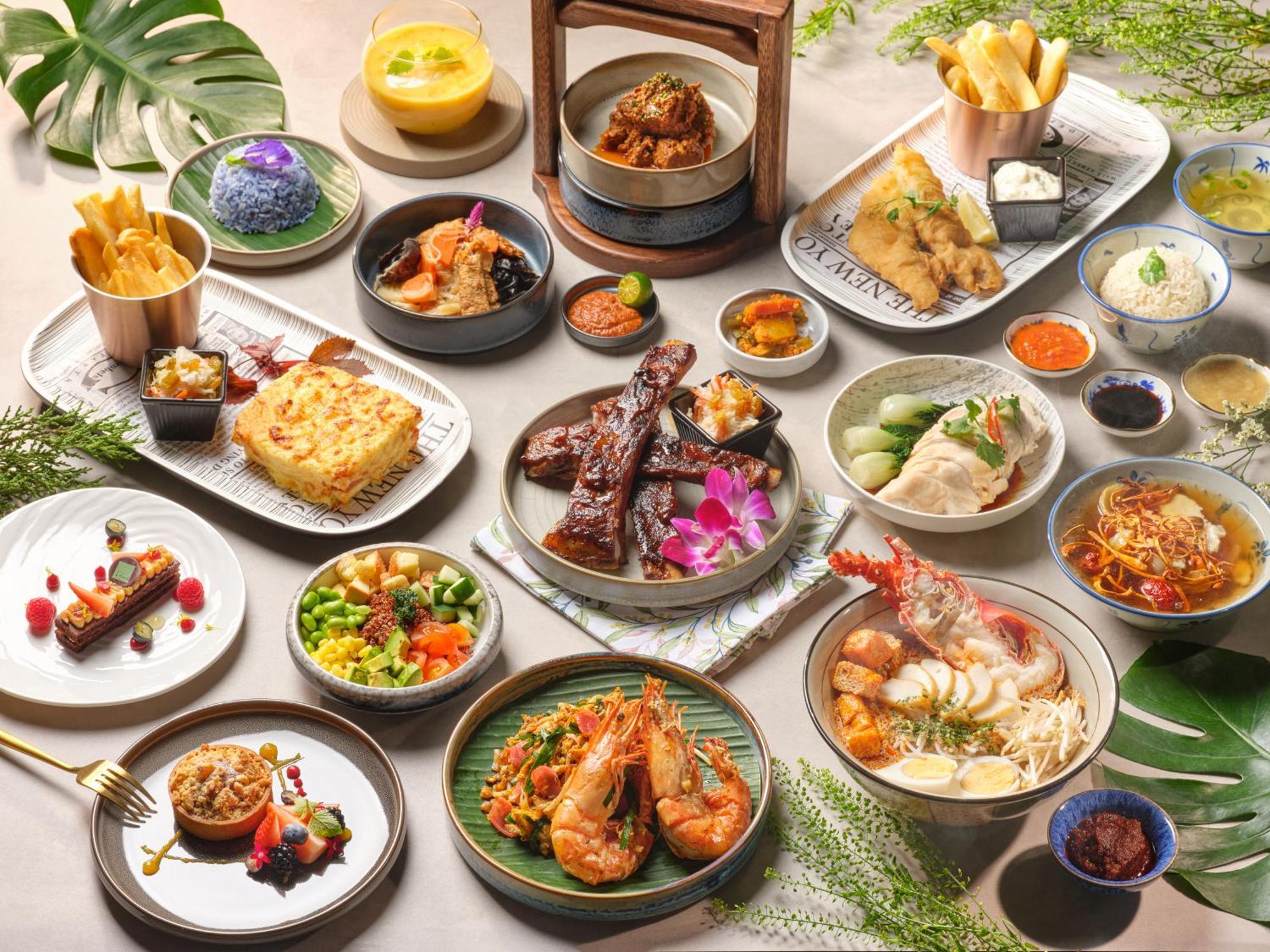 Parkroyal Collection Pickering, Singapura Luaran gambar The photo displays a vibrant spread of various dishes, showcasing an array of cuisine. There are several plates featuring different types of food, including:

1. **Seafood**: Prominent shrimp and possibly fish dishes.
2. **Meat**: Grilled or roasted 